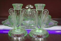 7 Set Of Green Glass Trinket 