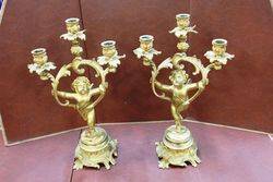 A Fine Pair Of Antique Gilt Bronze 3 Branch Cherub Candelabras C1860