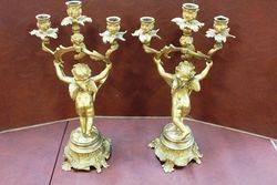 A Fine Pair Of Antique Gilt Bronze 3 Branch Cherub Candelabras C1860