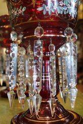 A Large Pair Of Victorian Ruby Glass Double Hung Lustre Vases  