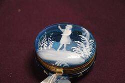 Antique Blue Glass Mary Gregory Miniature Pill Box 