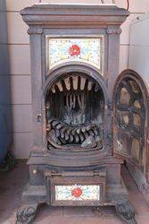 Antique Cast Iron Room Heater with Hand Painted Pottery 