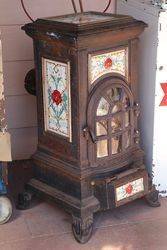 Antique Cast Iron Room Heater with Hand Painted Pottery 