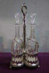 Antique Cut Glass 3 Pieces Tantalus Set In Silver Plated Stand 