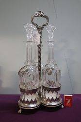 Antique Cut Glass 3 Pieces Tantalus Set In Silver Plated Stand 