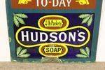 Antique Hudsons Soap Advertising  Blue Clock Enamel Sign