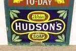 Antique Hudsons Soap Advertising  Blue Clock Enamel Sign