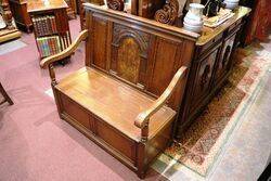 Antique Oak Marquetry Inlaid Settle with Lift Up Seat  