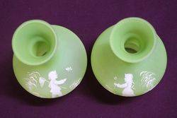 Antique Pair Of Lime Green Mary Gregory Vases 