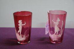 Antique Pair Of Ruby Glass Mary Gregory Tumblers  