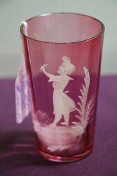 Antique Pair Of Ruby Glass Mary Gregory Tumblers  