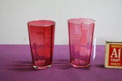 Antique Pair Of Ruby Glass Mary Gregory Tumblers  