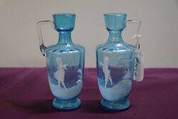 Antique Pair Of Small Blue Glass May Gregory Jug  Vases  