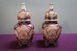 Antique Pair of Imari Vases With Foo Dog Lids  