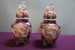 Antique Pair of Imari Vases With Foo Dog Lids  