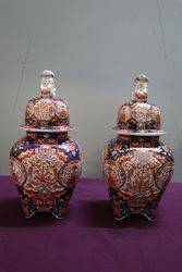 Antique Pair of Imari Vases With Foo Dog Lids  