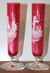 Antique Pair of Ruby Glass Mary Gregory Vases