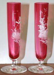 Antique Pair of Ruby Glass Mary Gregory Vases