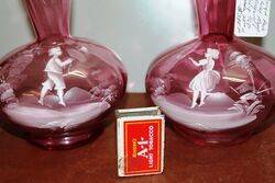 Antique Pair of Ruby Glass Mary Gregory Vases 