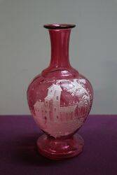 Antique Ruby Glass White Enamel Painted Vase 