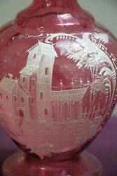 Antique Ruby Glass White Enamel Painted Vase 