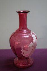 Antique Ruby Glass White Enamel Painted Vase 