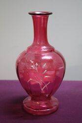 Antique Ruby Glass White Enamel Painted Vase 