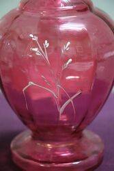 Antique Ruby Glass White Enamel Painted Vase 