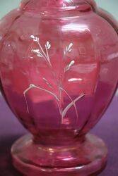 Antique Ruby Glass White Enamel Painted Vase 