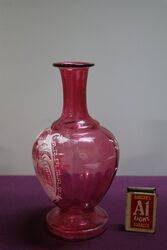 Antique Ruby Glass White Enamel Painted Vase 