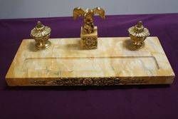 Antique Yellow Gold Marble Desk Set Mounted With a Gilt Eagle 