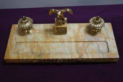 Antique Yellow Gold Marble Desk Set Mounted With a Gilt Eagle 