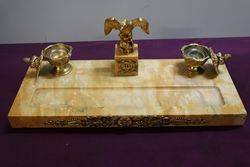 Antique Yellow Gold Marble Desk Set Mounted With a Gilt Eagle 