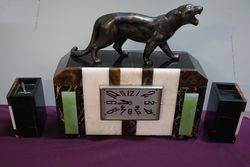 Art Deco 3 Piece Marble and Onyx Clock + Spelter Panther