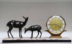 Art Deco Clock With 2 Spelter Deer On A Marble Base