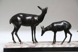 Art Deco Clock With 2 Spelter Deer On A Marble Base