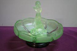 Art Deco Green Uranium Glass Arabella Float Bowl On Black Glass Stand  