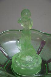 Art Deco Green Uranium Glass Arabella Float Bowl On Black Glass Stand  