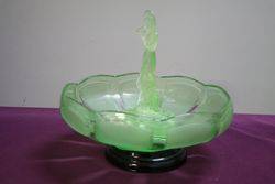 Art Deco Green Uranium Glass Arabella Float Bowl On Black Glass Stand  