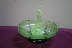 Art Deco Green Uranium Glass Arabella Float Bowl On Black Glass Stand  