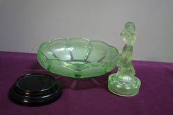 Art Deco Green Uranium Glass Arabella Float Bowl On Black Glass Stand  