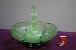 Art Deco Green Uranium Glass Arabella Float Bowl On Black Glass Stand  