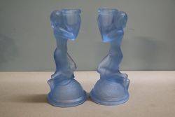 Art Deco Pair Of Blue Glass Candlesticks 