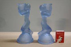 Art Deco Pair Of Blue Glass Candlesticks 