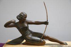 Art Deco Spelter + Marble Group of Diana Two Hunters  