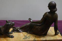 Art Deco Spelter + Marble Group of a Maiden With Big Cat  