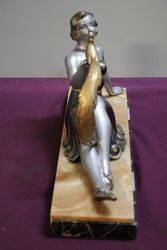 Art Deco Spelter Figure of Girl With Peacock On Marble Base C1925