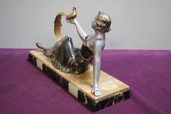 Art Deco Spelter Figure of Girl With Peacock On Marble Base C1925
