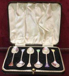 Boxed Set of 6 Silver and Enamel Spoons Birmingham 191314