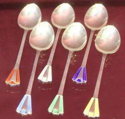 Boxed Set of 6 Silver and Enamel Spoons Birmingham 191314